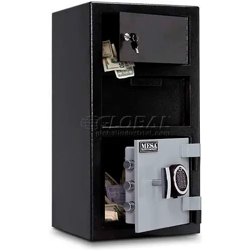 Black safe with keypad, cash visible