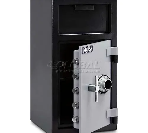 Black deposit safe with open silver door