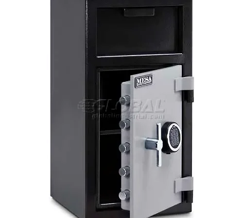 Black depository safe with open door