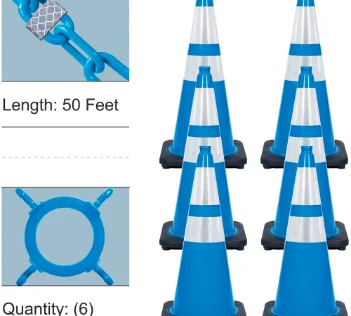 Set of six blue reflective traffic cones