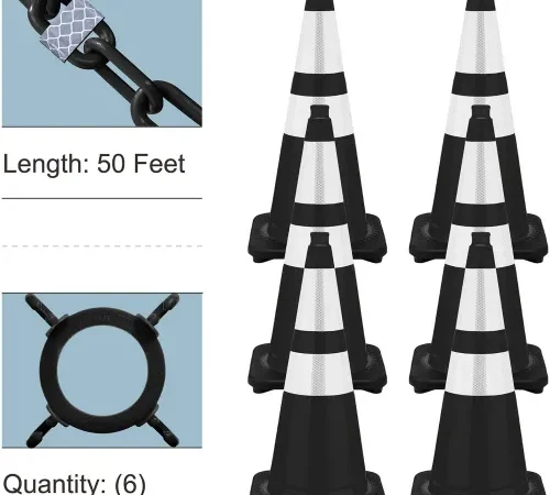 Set of six black and white traffic cones