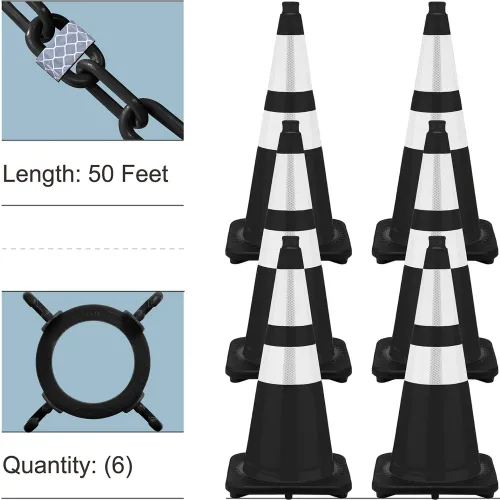 Set of six black and white traffic cones