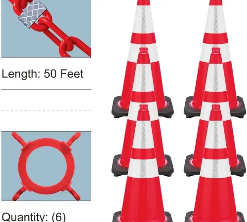 Six red and white traffic cones