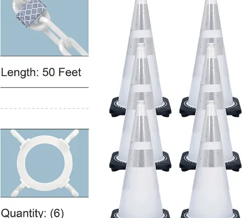 Six white traffic cones with black bases