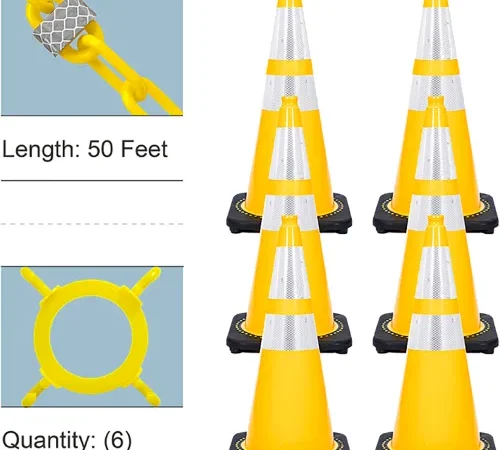 Six yellow reflective traffic cones with chain