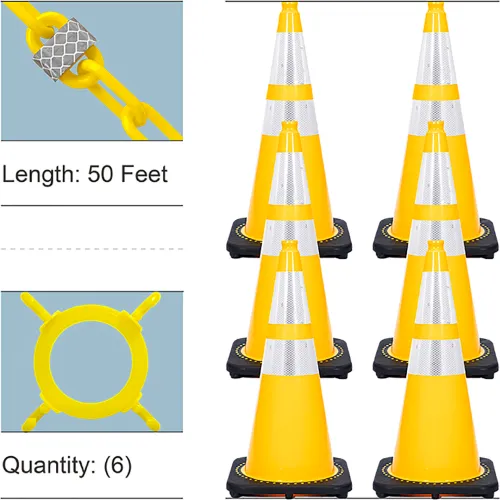 Six yellow reflective traffic cones with chain