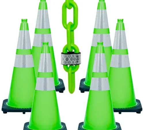 Six neon green traffic cones with locked chain