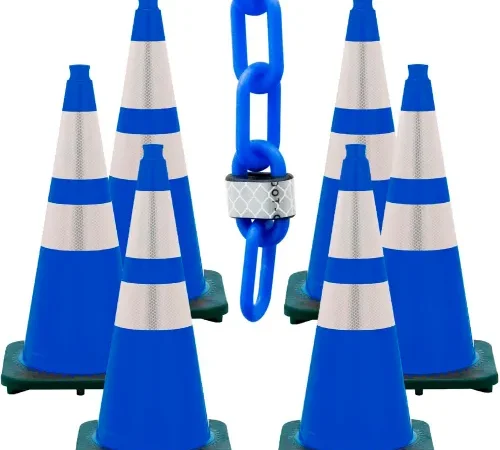 Blue traffic cones surrounding padlocked chain