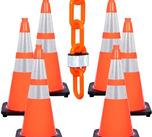 Six reflective orange traffic cones with chain