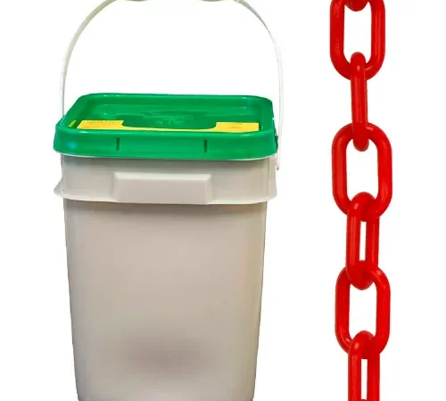 Mr. Chain® Plastic Barrier Chain In A Pail, 2" x 160'L, HDPE, Red