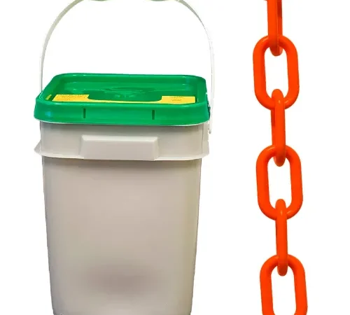 Mr. Chain® Plastic Barrier Chain In A Pail, 2" x 160'L, HDPE, Traffic Orange