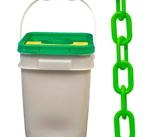 Mr. Chain® Plastic Barrier Chain In A Pail, 2" x 160'L, HDPE, Safety Green