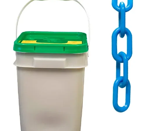 Mr. Chain® Plastic Barrier Chain In A Pail, 2" x 160'L, HDPE, Sky Blue