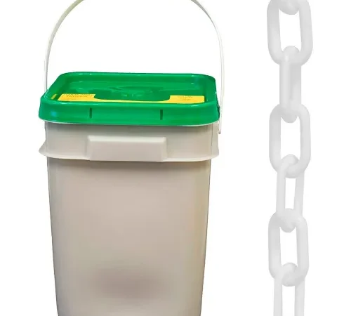 Mr. Chain® Plastic Barrier Chain In A Pail, 2" x 120'L, HDPE, White