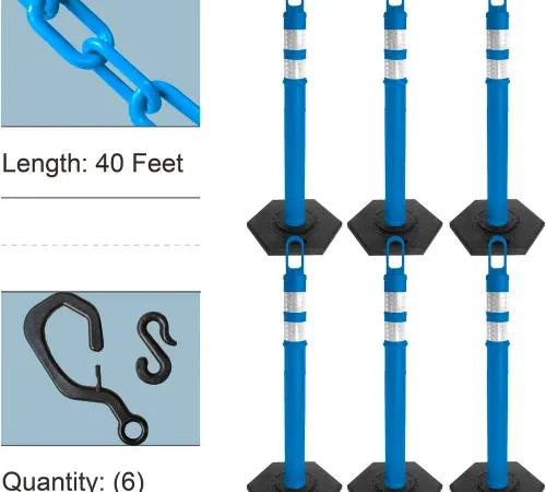 Six blue stanchions with connecting chain
