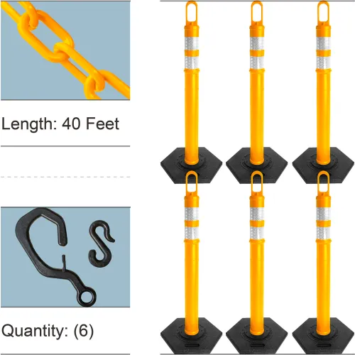Six yellow safety stanchions with black bases
