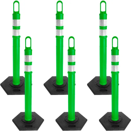 Five green reflective delineator posts
