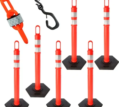 Six orange reflective traffic delineator posts