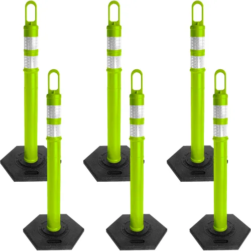 Set of five green reflective traffic posts