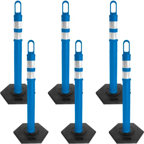 Five blue traffic posts with reflective bands