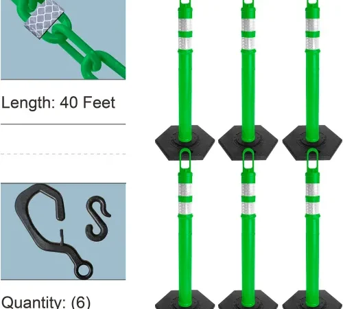Six green crowd-control posts with chain