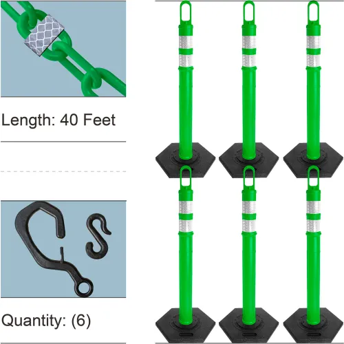 Six green crowd-control posts with chain