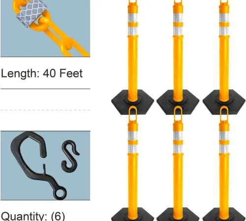 Six yellow crowd control stanchion posts
