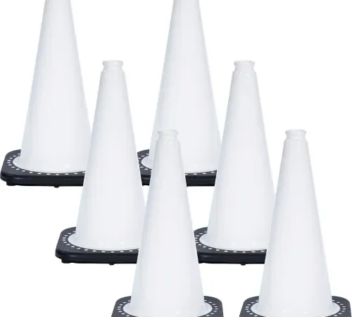 Six white traffic cones with black bases