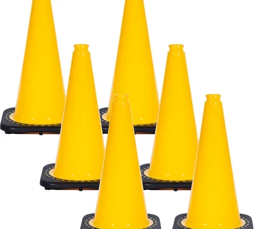 Six yellow traffic cones with black bases