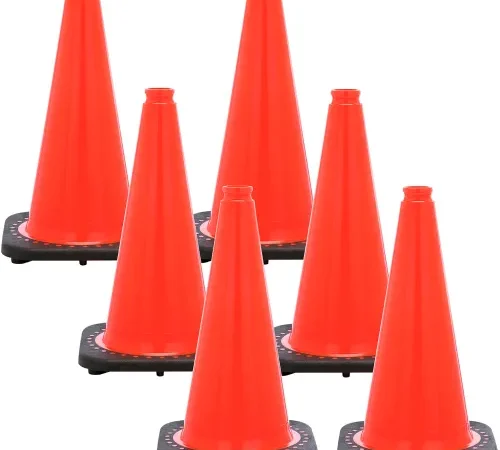 Six orange traffic cones with black bases