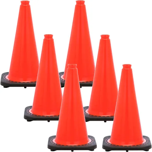 Six orange traffic cones with black bases