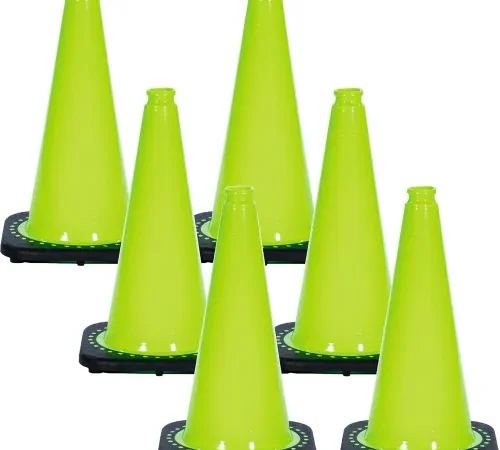 Six neon green traffic cones with black bases