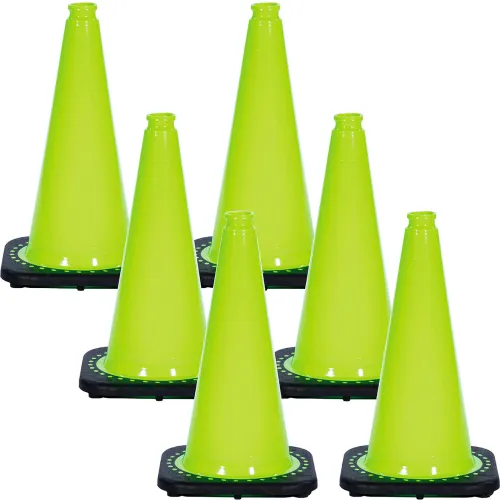 Six neon green traffic cones with black bases