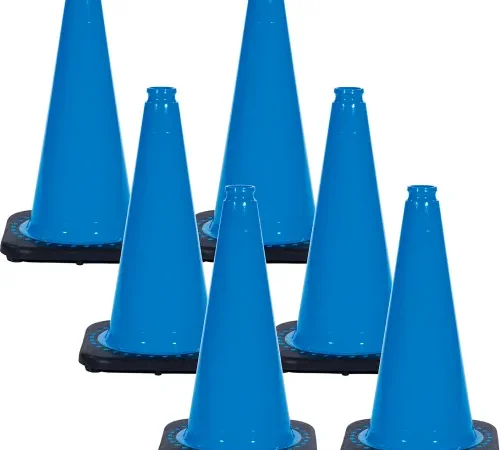 Six blue traffic cones with black bases