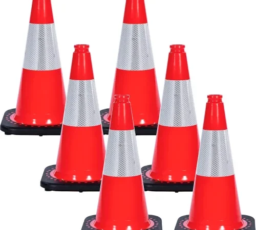 Six orange traffic cones with reflective white bands