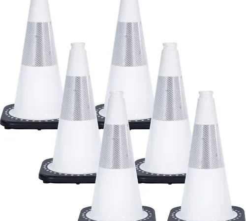 Set of six white reflective traffic cones