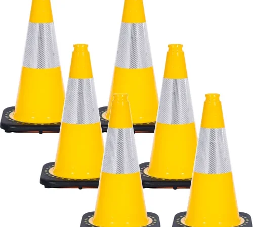 Six yellow traffic cones with reflective bands