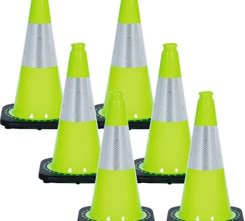 Six fluorescent traffic cones with reflective bands