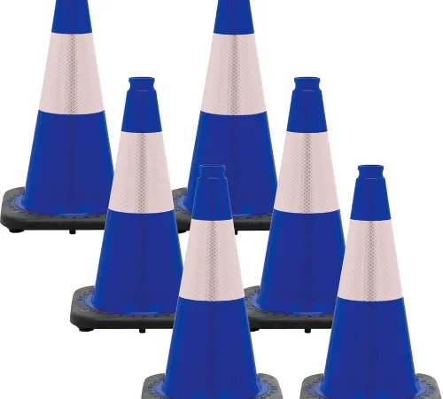 Six blue traffic cones with reflective white bands