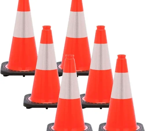 Six orange traffic cones with reflective bands