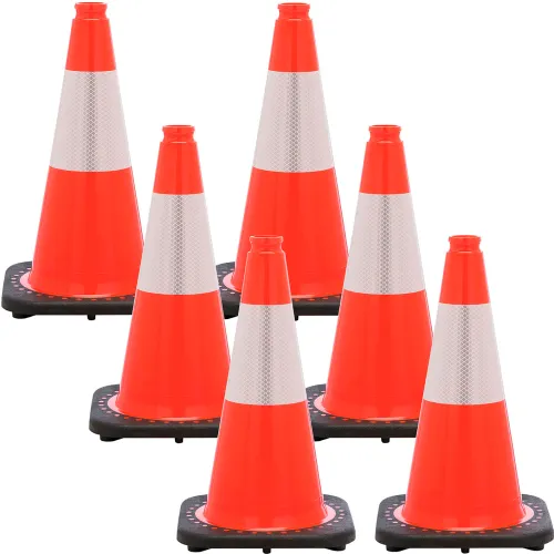 Six orange traffic cones with reflective bands