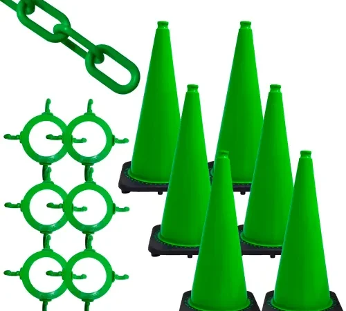 Six green traffic cones with chain connectors