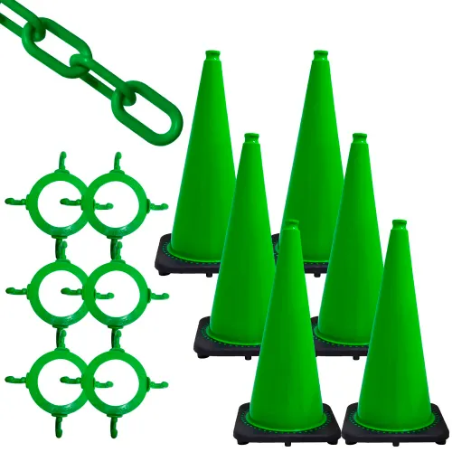 Six green traffic cones with chain connectors