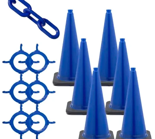 Six blue traffic cones with chain links