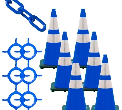 Blue reflective traffic cones and connecting chains