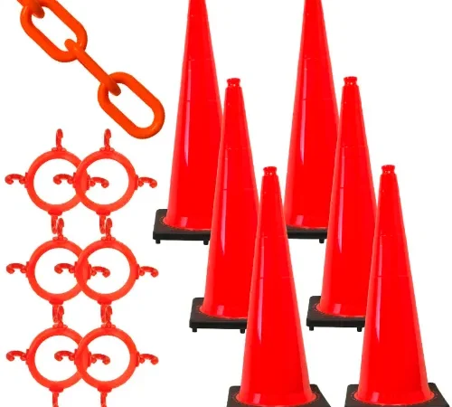 Six orange traffic cones with linking chain