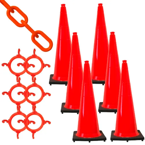 Six orange traffic cones with linking chain