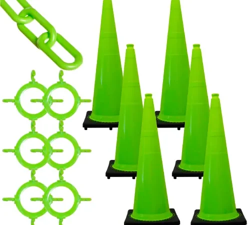 Set of neon green traffic cones and chains