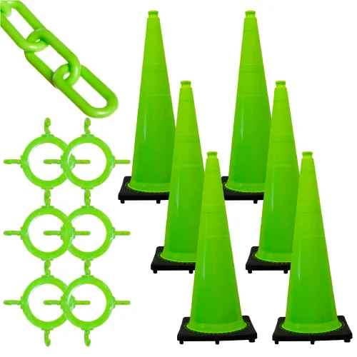 Set of neon green traffic cones and chains