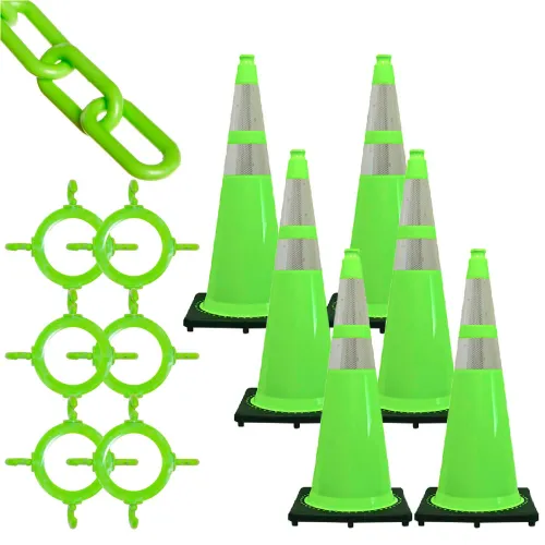 Neon green traffic cones with chain links